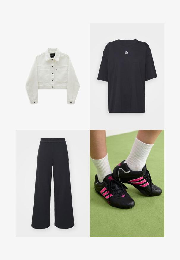 Gekürzte weiße Jeansjacke mit zwei Brusttaschen, braunen Knopfverschlüssen und einem klassischen Kragen. Weicher Stoff und lange, leicht puffige Ärmel.; Schwarzes Baumwoll-T-Shirt mit kurzen Ärmeln, rundem Halsausschnitt, mit einem weißen Adidas-Logo auf der Brust. Einfaches Design, lockere Passform.; Schwarze weite Sweatpants aus weichem Material, mit einem elastischen Taillenbund und einem kleinen Logo auf der linken Seite.; Schwarze Sportschuhe mit drei rosa Streifen, Obermaterial aus strukturiertem Leder, schwarze Schnürsenkel und Logodetails, kombiniert mit weißen gerippten Socken auf grünem Untergrund.