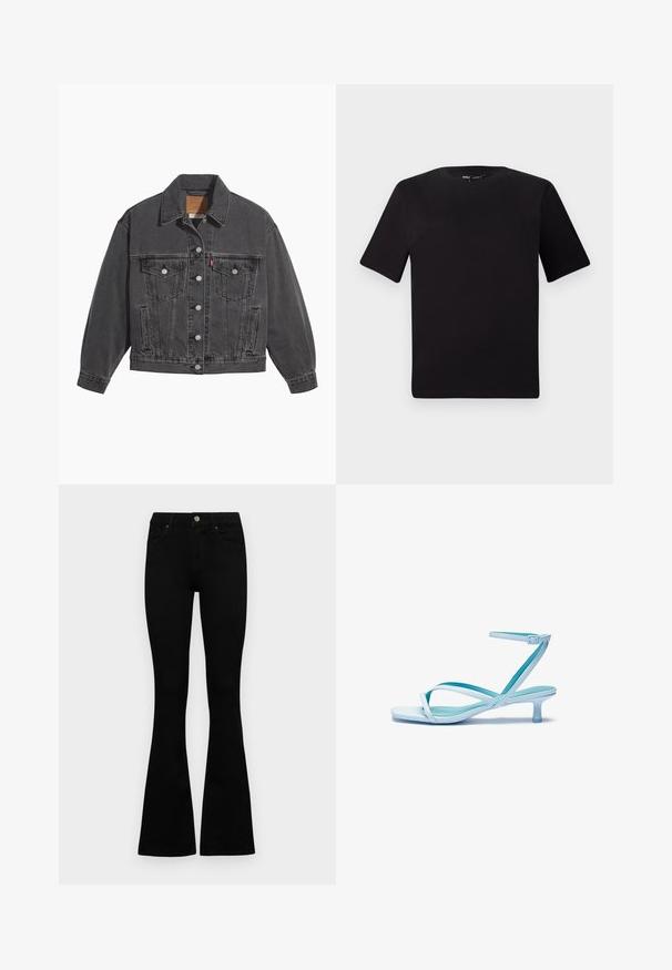 Black denim jacket featuring a classic collar, two chest pockets, silver button closures, and a slightly faded texture.; Black short-sleeve t-shirt with a round neckline, crafted from soft cotton fabric. Simple design, no visible logos or patterns.; Black high-waist jeans with a button and zip closure, front pockets, and flared legs laid flat on a white background.; Light blue strappy sandal with a square toe, low heel, adjustable ankle strap, and smooth, glossy finish. Crossed straps on the footbed.