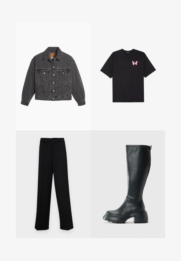 Black denim jacket featuring a classic collar, two chest pockets, silver button closures, and a slightly faded texture.; Black cotton t-shirt with short sleeves, featuring a small pink butterfly graphic on the left chest. Crew neck design with a relaxed fit.; Black wide-leg trousers made of smooth fabric, featuring a classic waistband with a button closure and front pleats.; Tall black leather boot with chunky platform sole and block heel, featuring pull tab and textured tread on outsole.