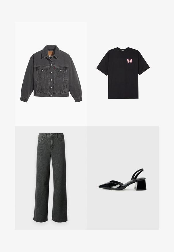 Giacca di jeans nera con colletto classico, due tasche sul petto, chiusure con bottoni argentati e una texture leggermente sbiadita.; T-shirt nera in cotone con maniche corte, caratterizzata da una piccola grafica di una farfalla rosa sul lato sinistro del petto. Design a girocollo con una vestibilità rilassata.; Jeans a gamba larga in denim grigio scuro, con una sottile texture a zebra, cuciture a contrasto e design a cinque tasche con chiusura a bottone.; Décolleté in vernice nera con punta affusolata e tacco in geometria cubica. Presentano un design elegante e minimalista, con una texture liscia.