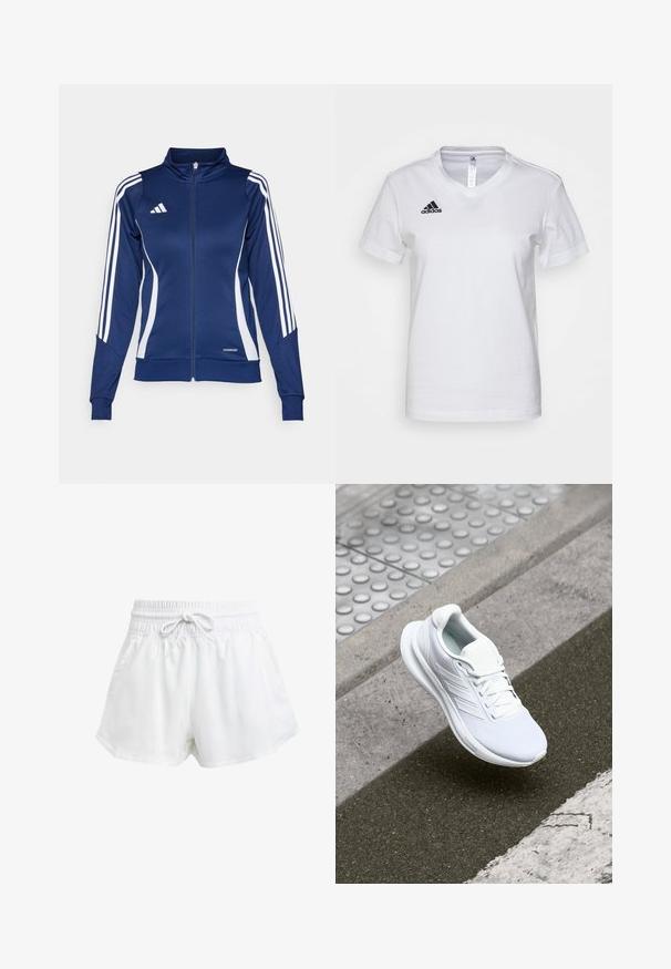 Navy track jacket with white stripes, zip front, high collar, and "AEROREADY" detail at the hem; made from a smooth, stretchy fabric.; White cotton t-shirt with a V-neck design, short sleeves, and a black Adidas logo on the left chest area. Smooth texture, classic fit.; White athletic shorts with an elastic waistband and adjustable drawstring. Made from lightweight material, featuring side pockets and a loose fit.; White athletic shoe featuring a mesh upper, lace-up design, and textured sole. Subtle branding and seamless construction details visible.