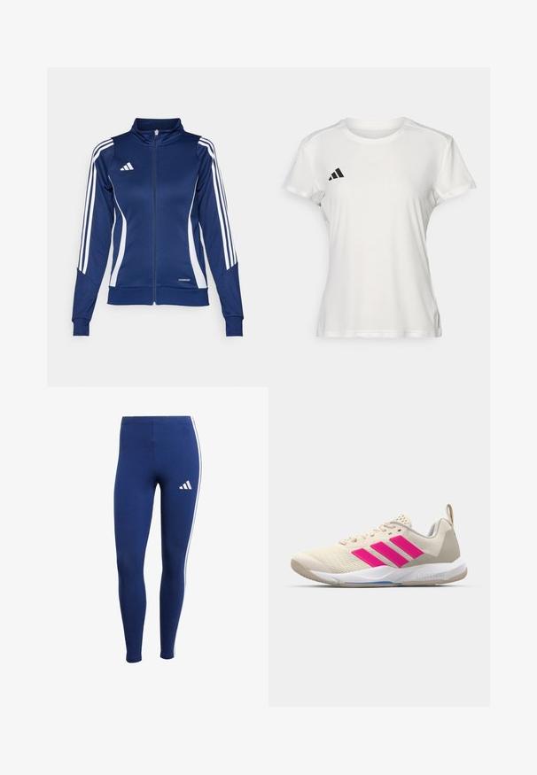 Marineblå trackjacke med hvide striber, lynlås foran, høj krave og "AEROREADY" detalje forneden; lavet af et glat, strækbart stof.; Hvid atletisk T-shirt lavet af stof, der fugttransporterer. Korte ærmer, rund hals, med sort logo og tre-stribet emblem på venstre bryst.; Mørkeblå leggings med hvide sidestropper og et mærkelogo på underbenet. Fremstillet af strækbart materiale for komfort og bevægelse.; Beige sportsko med pink tre-stribede logo, tekstureret mesh overdel, polstret krave og hvid gummisål, med "LIGHTSTRIKE" branding.