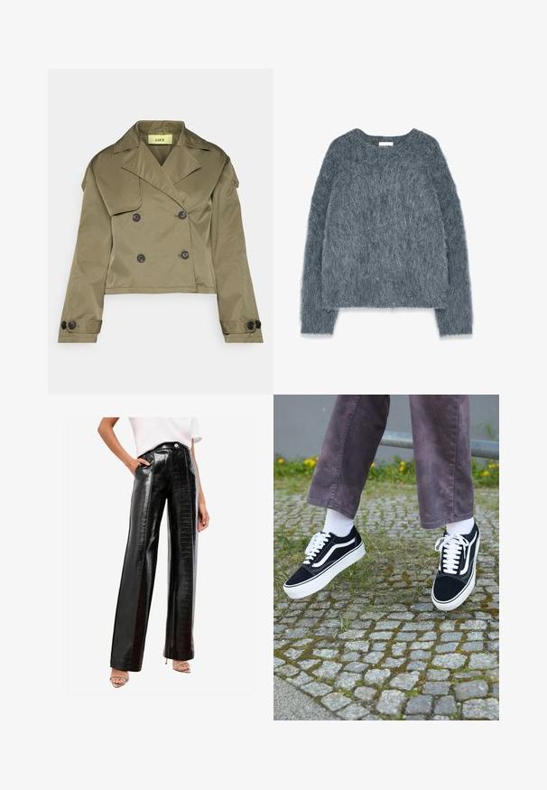 Oliivivärvi lühike jope, mis on valmistatud sujuvast kangast, topeltläbimisdisainiga, suurte mustade nööpide ja laiade kraedega.; Harmaa teksturoidulla neulella, jossa on löysä istuvuus, pitkät hihat ja leveä pääntie. Pehmeä, pörröinen materiaali, jossa on hieman kiiltoa. Ei näkyviä kuvioita tai koristeita.; Mustat korkeavyötäröiset housut kiiltävästä tekonahasta, joissa on krokotiilikuosiset pinnat, sivutaskut ja suorat lahkeet.; Mustat mokkanahkakengät valkoisilla yksityiskohdilla, joissa on pyöristetty kärki, paksu valkoinen pohja ja klassinen nauhakiinnitys, käytettyinä valkoisten sukkien ja violetin housuparin kanssa.