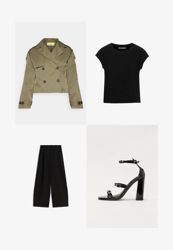 Oliwkowa krótką kurtkę wykonaną z gładkiego materiału, z podwójnym zapięciem i dużymi czarnymi guzikami oraz szerokimi klapami.; Czarna koszulka z krótkim rękawem i okrągłym dekoltem. Wykonana z gładkiej, elastycznej bawełny. Prosty design bez wzorów i grafik.; Czarne spodnie szerokie z gładkiego materiału, z wysokim stanem, plisami z przodu i bez widocznych ozdób czy wzorów.; Czarne lakierowane sandały na obcasie z kwadratowym noskiem, z paskami wokół kostki i srebrnymi klamrami. Posiadają masywny słupek dla stabilności.
