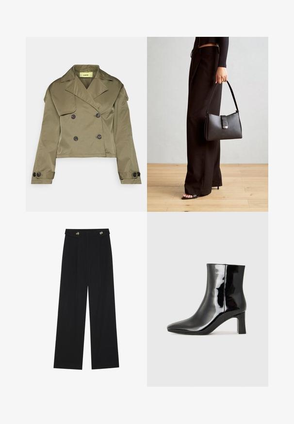 Olivna kratka jakna iz gladkega materiala z dvojnim zapenjanjem, velikimi črnimi gumbi in širokimi klapnicami.; Črna majica s teksturo roma, okroglim izrezom, ki ima belo valovito obrobo, in kratkimi rokavi z ustreznimi valovitimi detajli.; Črne široke hlače s visokim pasom, gumbnimi detajli na pasu in sprednjimi gubami.; Črne lakirane gležnjarje z ošiljenim nosom in srednje visokim blokastim peto. Gladka tekstura in minimalističen dizajn.; Črna torbica z strukturirano obliko, gladko teksturo in kovinskim zaponko. Ujemajo se z širokimi črnimi hlačami in odprtimi sandali na lesenem tleh.