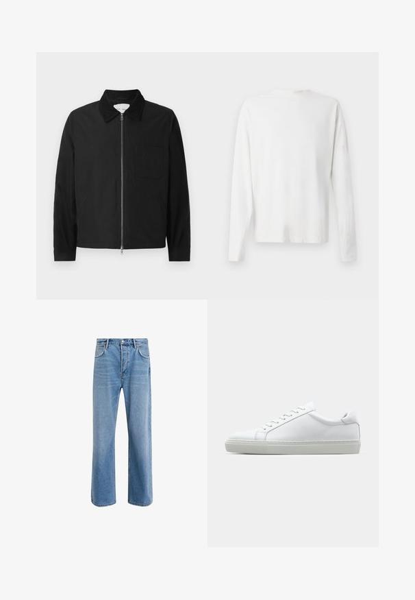 Jachetă neagră cu mâneci lungi, cu fermoar și guler, un buzunar pe piept și două buzunare laterale, prezentată pe un fundal alb.; Cămașă albă din bumbac cu mâneci lungi, decolteu rotund, fante pe laterale la baza, cu o textură netedă, expusă din spate.; Jeans din denim bleu deschis cu un design drept, cinci buzunare, închidere cu buton, decolorare minimă și detalii de cusătură în contrast.; Adidași albi cu o suprafață din piele netedă și un profil jos. Au un vârf rotunjit, șase orificii pentru șireturi și o talpă din cauciuc texturată.