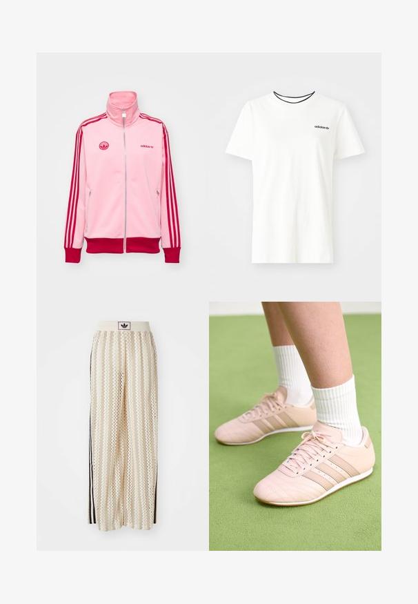 adidas Originals FIREBIRD - Chaqueta de entrenamiento - semi pink spark; Camiseta de algodón blanca con manga corta y escote redondo. Presenta un logo negro de Adidas en el pecho y un cuello interior negro en contraste.; Pantalones de pierna ancha en color crema con un patrón en zigzag, que cuentan con una cinturilla con logo negro y franjas negras en los laterales. Tejido ligero y texturizado.; Zapatillas deportivas rosa claro con costuras diagonales, suelas blancas y tres rayas laterales. Llevadas con calcetines blancos con canalé sobre una superficie verde.