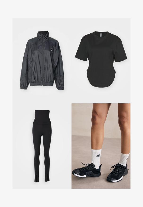 Svart zip-up jakke med høy krage, elastiske mansjetter og samlet midje. Laget av lett, glatt stoff med logodetalj.; Svart T-skjorte med kort erme laget av bomull. Rund hals med buet kant og sidespalter. Glatt tekstur, avslappet passform.; adidas by Stella McCartney Tights - black; Sorte treningssko med teksturert overdel, hvite detaljer og et sikkert snøresystem, parret med hvite ribbestrikkede sokker som har et logo.