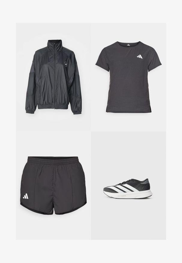 Svart zip-up jakke med høy krage, elastiske mansjetter og samlet midje. Laget av lett, glatt stoff med logodetalj.; Kortermet treningstrøye, mørkegrå med perforert tekstur. Har en hvit logo og kontrasterende side-striper. Rund halslinje.; Svart treningsshorts laget av lett materiale, med elastisk midje og en hvit Adidas-logo nederst til venstre.; Svart treningssko med hvite striper, mesh-overdel, polstret såle og et elegant design. Grå detaljer på hælen og tungen.