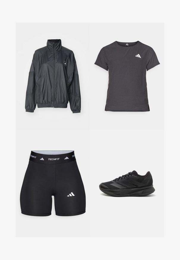 Schwarze Reißverschlussjacke mit hohem Kragen, elastischen Bündchen und gerafftem Bund. Hergestellt aus leichtem, glattem Stoff mit Logodetail.; Kurze Ärmel Sport-T-Shirt, dunkelgrau mit durchbrochener Textur. Enthält ein weißes Logo und kontrastierende Seitenstreifen. Runder Ausschnitt.; Schwarze Shorts aus dehnbarem Stoff mit passgenauer Passform. Verfügt über einen breiten schwarzen Bund, der mit "TECHFIT" beschriftet ist, und ein weißes Logo am Bein.; Schwarzer Laufschuh mit einem atmungsaktiven Mesh-Obermaterial, runder Zehenpartie, schlankem Design, strukturierten Akzenten und einer gepolsterten Sohle für Komfort.