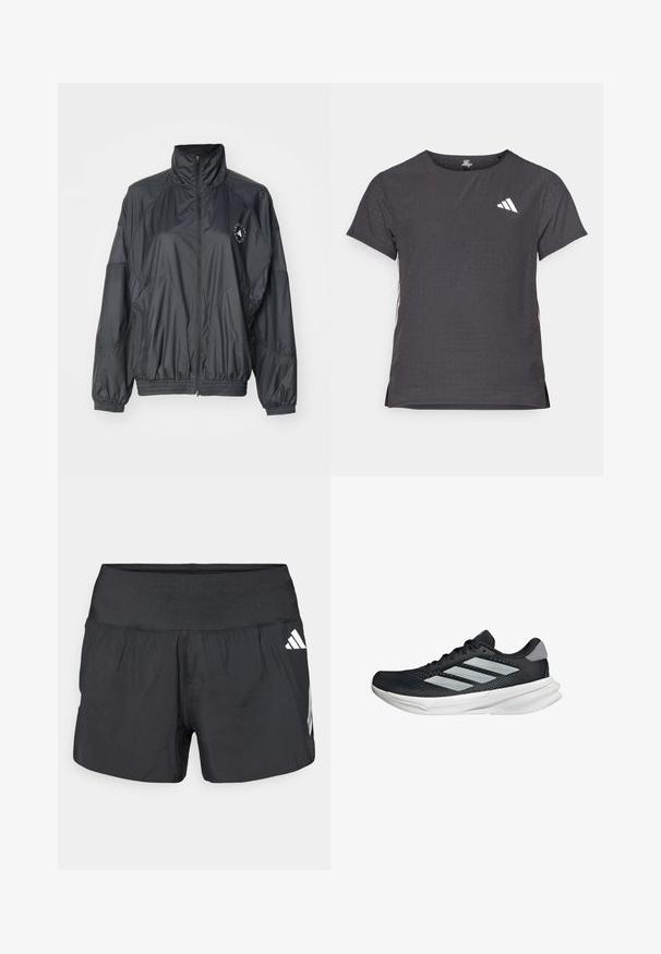 Chaqueta negra con cremallera y cuello alto, puños elásticos y cintura fruncida. Fabricada en un tejido ligero y suave con un detalle de logo.; Camiseta atlética de manga corta, gris oscuro con textura perforada. Presenta un logo blanco y rayas laterales en contraste. Escote redondeado.; Pantalones cortos deportivos negros con una amplia cintura elástica, tela ligera y detalles de logo blancos en el lateral inferior.; Zapatilla de correr negra con parte superior de malla, tres franjas plateadas, media suela blanca y suela texturizada. Incluye un cuello acolchado y cierre de cordones.
