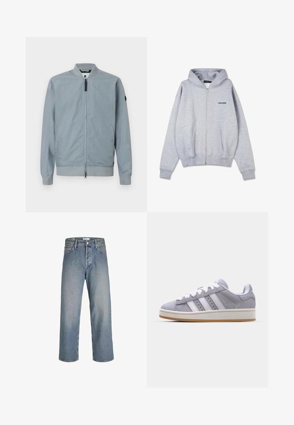 Ανοιχτό γκρι bomber μπουφάν, με φερμουάρ, ριχτή κολαρία και μανσέτες, πλαϊνές τσέπες, μινιμαλιστικός σχεδιασμός με ένα μικρό λογότυπο ως έμφαση στο μανίκι.; Γκρι φούτερ μπουφάν με φερμουάρ, φτιαγμένο από μαλακό, βρόχινο ύφασμα. Διαθέτει τσέπη καγκουρό και ριμπ μανίκια. Στο μπροστινό μέρος υπάρχει ένα μικρό μαύρο λογότυπο στο αριστερό στήθος.; Λευκό βαμβακερό μπλουζάκι με στρογγυλή λαιμόκοψη, κοντά μανίκια και ευθεία ραφή στο κάτω μέρος. Διαθέτει μια μικρή ετικέτα της μάρκας στη δεξιά πλευρική ραφή.; Ανοιχτό μπλε τζιν παντελόνι με χαλαρή εφαρμογή, ψηλή μέση και ίσια πόδια. Διαθέτει μπροστινές τσέπες και κούμπωμα από μέταλλο.; Γκρι σουέτ αθλητικά παπούτσια με λευκές ρίγες, στρογγυλή μύτη και ελαστική σόλα. Διαθέτουν περφορέ στο πλάι και υφασμάτινη ταμπέλα στη φτέρνα.