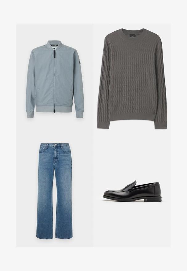 Svetlo siva bomber jakna, zadrga za zapiranje, rebrast ovratnik in manšete, stranske žepe, minimalističen dizajn z majhnim logotipom na rokavu.; Armani Exchange Pulover - dark gull zig zag; Modri široki jeans iz denima z izbledelim zaključkom. Imajo pet žepov, sprednje zapiranje na gumb in ravno krojenje.; Črne usnjene loafer čevlje z gladko teksturo, zaobljenim nosom in dekorativnim trakom čez zgornji del. Nizka zložena peta, minimalističen dizajn.