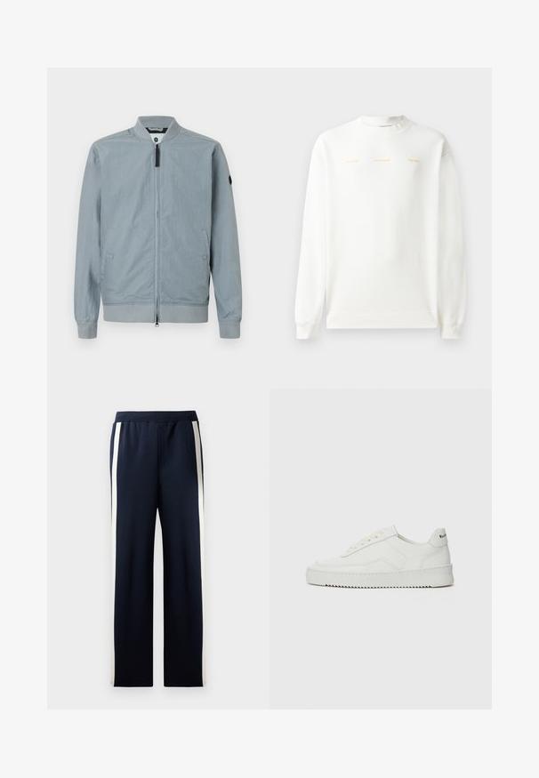 Lichtgrijze bomberjack, met ritsluiting, ribbelkraag en -manchetten, zijzakken, minimalistisch ontwerp met een klein accentlogo op de mouw.; Witte sweatshirt met ronde hals, lange mouwen en geribde manchetten. Heeft gouden bedrukte tekst over de borst: "HZW (25-26) HOLZWEILER THE SUN."; Navy sweatpants met een wijd beenontwerp, voorzien van verticale crèmekleurige strepen langs de zijkanten. Gemaakt van zachte, gestructureerde stof met een elastische tailleband.; Witte leren sneaker met een gladde afwerking, ronde neus, platte veters en een gestructureerde zool. Kenmerkt zich door een subtiel logo op de hiel.