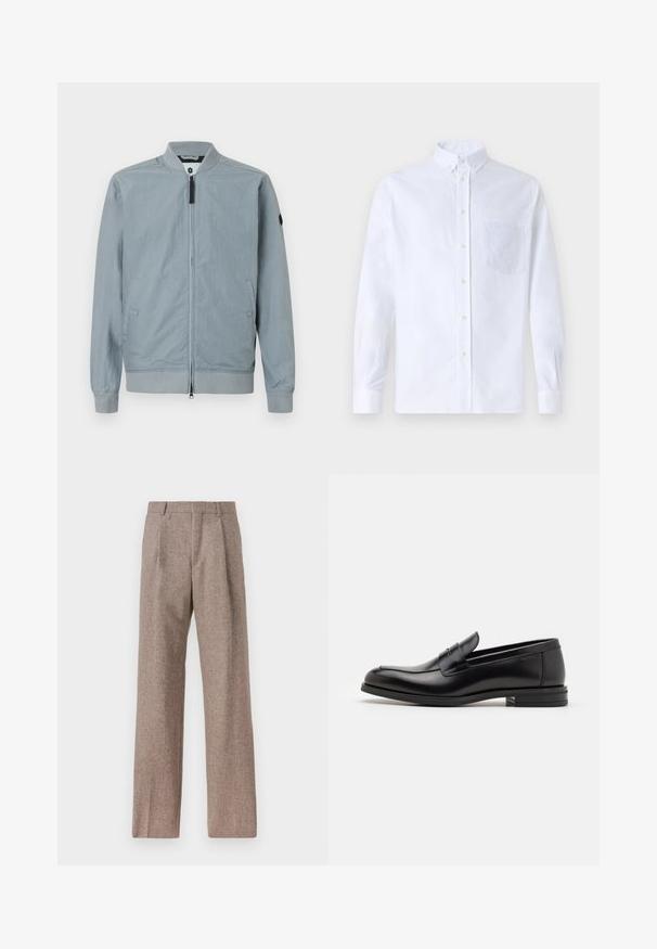 Svetlošedá bomber bunda, so zipsom, rebrovaný golier a manžety, bočné vrecká, minimalistický dizajn s malým akcentom loga na rukáve.; Biely dlhý rukáv košeľa s gombíkmi vyrobená z bavlny, s náprsného vrecka s tonálnou výšivkou, golierom a gombíkovými manžetami.; Hnedé, vysoké nohavice vyrobené z texturovanej látky. Majú široké nohavice a dva predné záhyby pre štruktúru. Úhľadné spracovanie bez viditeľného kovania.; Čierne kožené mokasíny s hladkou textúrou, zaoblenou špičkou a dekoračným pásikom cez priehlavok. Nízky vrstvený opätok, minimalistický dizajn.
