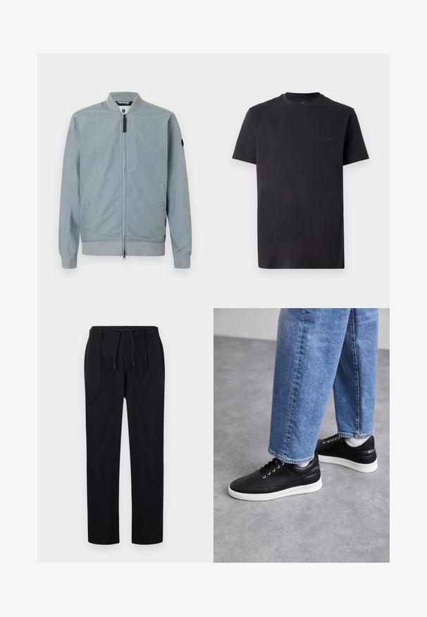 Giacca bomber grigia chiara, chiusura con zip, colletto e polsini a costine, tasche laterali, design minimal con un piccolo logo in rilievo sulla manica.; T-shirt in cotone nero con collo giro e maniche corte, dettagli in rilievo con logo sulla fronte. Tessuto morbido, vestibilità rilassata.; Pantaloni neri in tessuto liscio, con vita regolabile, gambe dritte e pieghe frontali per un aspetto strutturato.; Sneakers in pelle nera con suole in gomma bianca, dotati di lacci rotondi, superficie liscia e un sottile marchio sul tallone. Indossati con jeans blu.