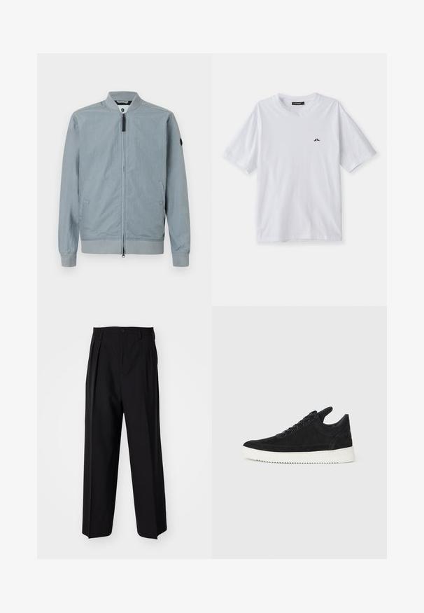 Světle šedá bomber bunda, zipové zapínání, ribbovaný límec a manžety, boční kapsy, minimalistický design s malým akcentovým logem na rukávu.; Bílá bavlněná tričko s kulatým výstřihem a krátkými rukávy, s malým černým logem na hrudi. Hladká textura a volný střih.; Černé skládací kalhoty s rovnými, širokými nohavicemi. Vyrobené z hladké tkaniny, se zapínáním na knoflík a poutky na opasek.; Černé semišové tenisky s bílou gumovou podrážkou, s tónovým prošitím a šněrováním. Hladký povrch s moderním, aerodynamickým tvarem.