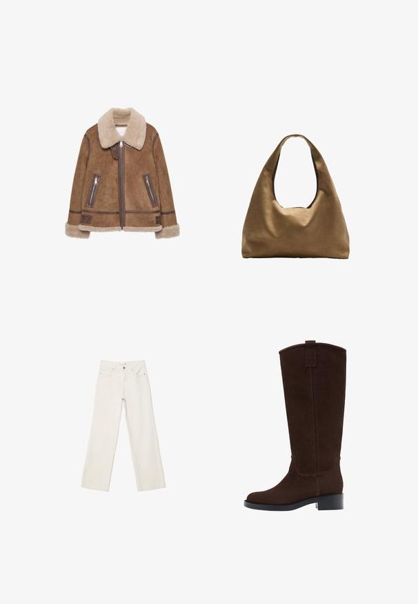 Hnědá vlnařinová bunda s béžovým límcem. Mezi její vlastnosti patří zipové kapsy, kožené detaily a měkká textura po celém povrchu.; Měkký béžový svetr s dlouhým rukávem a kulatým výstřihem, ribovanými manžetami, lemem a výstřihem, vyložený na bílém pozadí.; Bílé široké džíny vyrobené z denimové látky, s vysokým pasem, předními kapsami a knoflíkovým zapínáním. Čistý design s minimálními akcenty.; Hnědé semišové vysoké kozačky s kulatou špičkou, jemným prošíváním a nízkým blokovým podpatkem; mají poutko na vrchu pro snadné oblékání.; Hnědá textilní taška přes rameno s širokým, zaobleným tvarem a velkým výřezem na rukojeť. Měkká textura, minimalistický design a žádné viditelné kovové prvky.