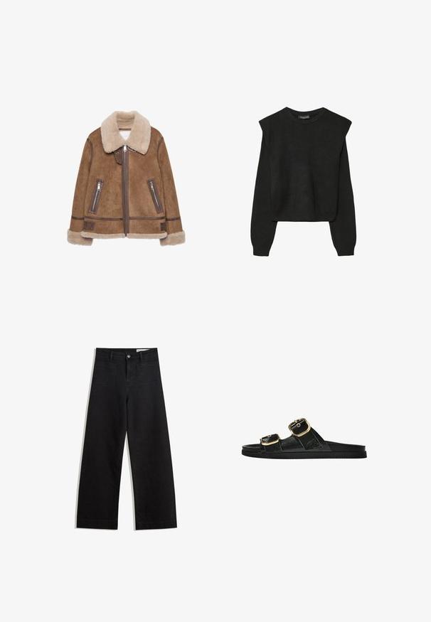 Ruskea shearling-takki, jossa on vaalean beige kaulus. Ominaisuuksiin kuuluvat vetoketjulliset taskut, nahkaosat ja pehmeä pinta kauttaaltaan.; Mustat pitkätuuliseset neulepaidat, joissa on toppaukset harteilla sekä ribbaus hihansuissa ja helmassa, esitetty valkoista taustaa vasten.; Mustat leveät farkut korkealla vyötäröllä, joissa on etu- ja takataskut, ommellut saumat ja nappisuljenta. Silkinoinen rakenne.; Musta liukusandaali, jossa on kaksi kultaisesta solkesta tehtyä korostusta, sileäpintainen materiaali, litteä pohja ja minimalistinen muotoilu.