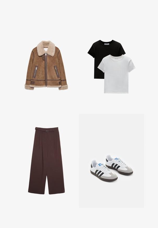 Hnědá vlnařinová bunda s béžovým límcem. Mezi její vlastnosti patří zipové kapsy, kožené detaily a měkká textura po celém povrchu.; Dvě trička s kulatým výstřihem v černé a bílé barvě, vyrobená z bavlny. Mají krátké rukávy a jednobarevný design bez vzorů nebo akcentů.; Stradivarius WIDE-LEG WITH BUCKLE DETAIL - Kalhoty - dark brown; Sportovní boty s bílým koženým svrškem, šedou semišovou špičkou a třemi černými pruhy. Obsahují modré logo na jazyku a texturovanou gumovou podrážku.