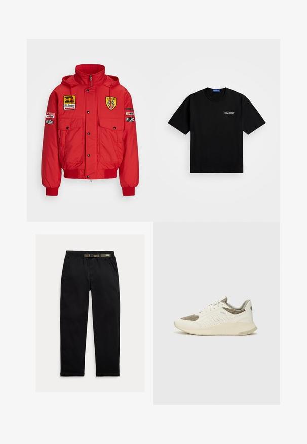 Casaco isolado vermelho com capuz, apresentando múltiplos bolsos frontais, botões de pressão pretos e vários logótipos de corridas no peito e nas mangas.; T-shirt de algodão preto com decote redondo e mangas curtas. Apresenta o logótipo "POLO SPORT" no lado esquerdo do peito em branco. Ajuste standard.; Calças pretas feitas de um tecido leve, com uma cintura elástica com um cinto verde integrado, corte reto e bolsos laterais.; Sapatilha atlética branca e bege claro, com parte superior em malha, detalhes perfurados e uma entressola texturizada com marcação no calcanhar.