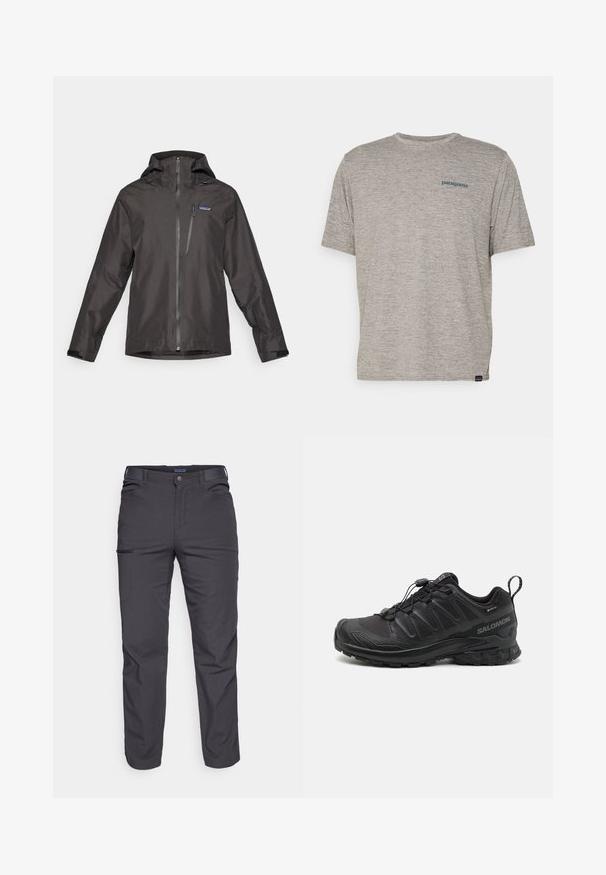 Jachetă impermeabilă neagră cu glugă, fermoar frontal și manșete ajustabile. Are un logo pe pieptul stâng și o finisare netedă, texturată.; Tricou gri cu mânecă scurtă, fabricat dintr-un material moale și texturat, având un mic logo al brandului Patagonia în culoare albastră pe pieptul stâng. Fără modele suplimentare.; Pantaloni negri închis dintr-un material rezistent, cu un buzunar cu fermoar, croială dreaptă și bucle pentru curea pentru ajustarea potrivirii.; Spurtă sportivă neagră cu parte superioară sintetică texturată, talpă cu amortizare și sistem de șireturi rapide. Include un vârf și un călcâi întărit.