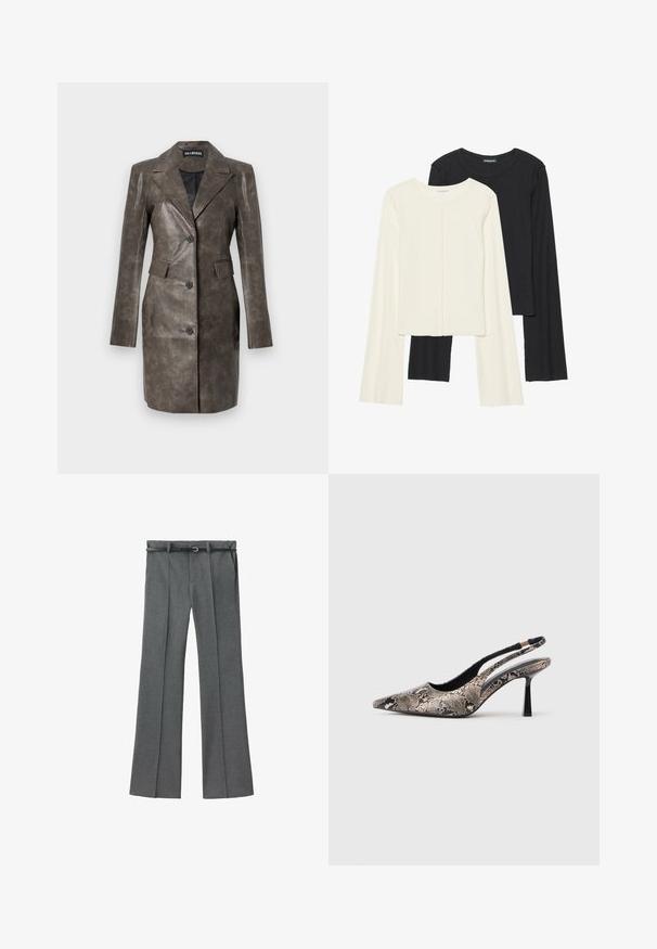 Rjava usnjena jakna z ostrim ovratnikom, enojnim gumbom, stranskimi žepi in gladko teksturo. Prilagojen kroj z dolgimi rokavi.; Nabor dveh dolgih rokavov v beli in črni barvi. Žameten vzorec, okrogla ovratnica, prilegajoča zasnova z rahlo razširjenimi rokavi.; Sive prirejene hlače z ravno nogavico, lahkotna tkanina, zanke za pas ter ozkim pasom z zmanjšanim srebrom.; Cipele s izrezanim leđima i uskim potplatom, s karakterističnim oblikom na vrhu i teksturiranim uzorkom zmijske kože, imaju tanke crne potpetice i otvoreni dizajn sa strane.