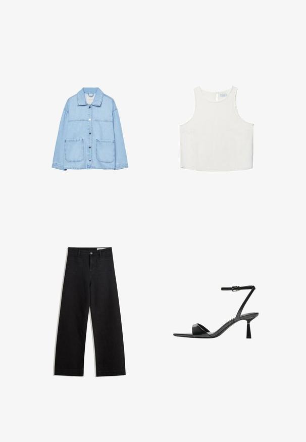 Ljusblå denimjacka med krage, knappstängning och två framfickor. Designen inkluderar kontrastsömmar och avslappnad passform.; Vit ärmlös topp med rundad halsringning, featuring en subtil textur, detalj med nyckelhål i ryggen och rak nederkant.; Svarta vida denimbyxor med hög midja, med fram- och bakfickor, sydda sömmar och knappstängning. Slät textur.; Bershka Sandaletter - black