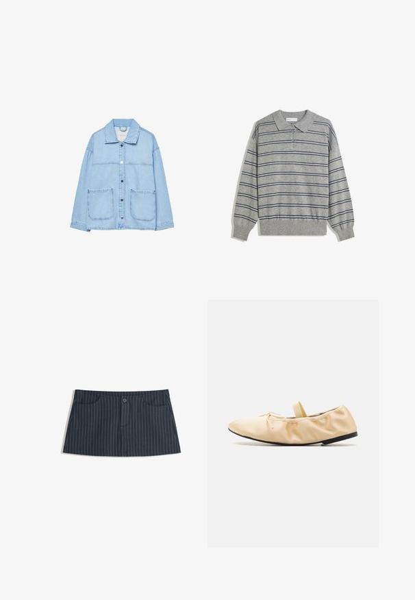 Svijetloplava traper jakna s ovratnikom, gumbićima sprijeda i dva prednja džepa. Dizajn uključuje kontrastne šavove i ležeran kroj.; Siva dugmadna polo majica dugih rukava s ovratnikom, s tamnoplavim horizontalnim prugama i dugmadi na ovratniku. Mekani materijal.; Tamno plava suknja mini s prugicama, s prednjim džepovima i jednim dugmetom za zatvaranje u struku.; Proenza Schouler GLOVE BALLET FLATS - Balerinke s trakom oko gležnja - light/pastel yellow