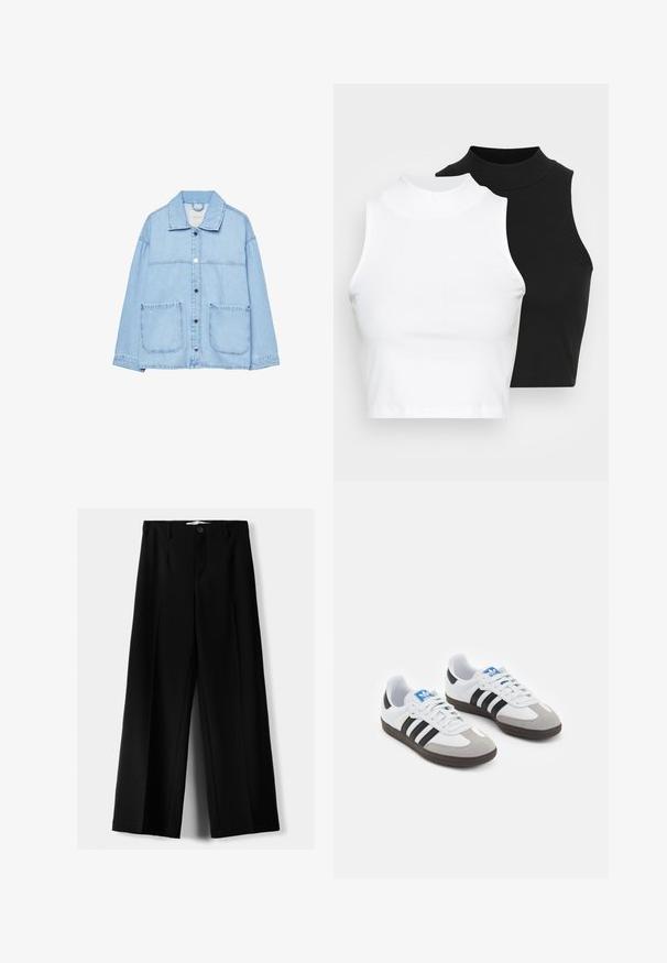 Vaaleansininen farkkutakki, jossa on kauluksellinen kaula-aukko, napitus edessä ja kaksi etutaskua. Suunnittelussa on kontrastiväriset ompeleet ja rento istuvuus.; Kaksi hihattomaa ribattua kauluspaitaa mustana ja valkoisena, joissa on istuva muotoilu ja sileä rakenne, sekä lyhyt pituus.; Mustat leveälahkeiset housut, jotka on valmistettu kevyestä kankaasta. Housuissa on etunappikiinnitys ja tasainen etuosa, sekä huolellisesti ommellut helmat.; Urheilukengät, joissa on valkoinen nahkainen päällinen, harmaa mokkanokka ja kolme mustaa raitaa. Ominaisuuksina sininen logo kielekkeessä ja kuvioitu kumipohja.