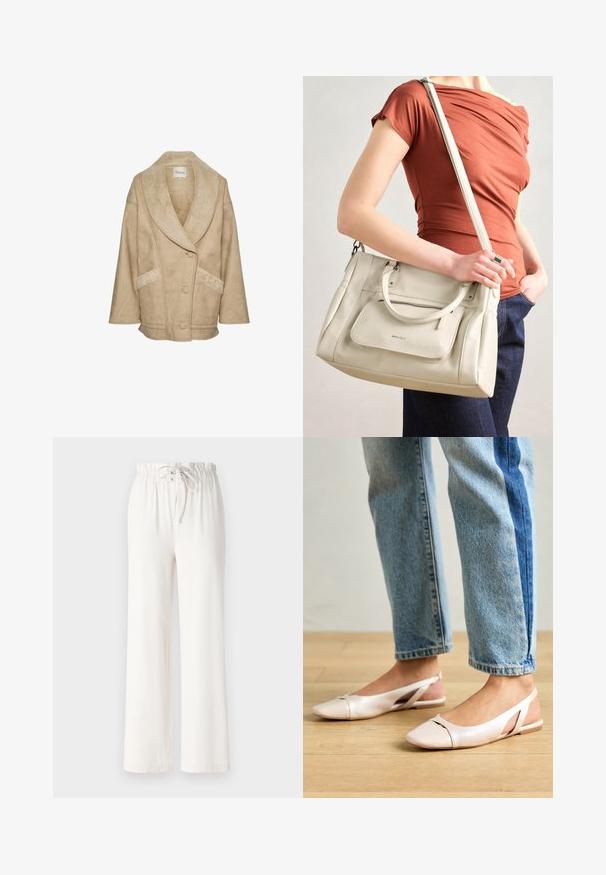 Beige schapenleren jacket met een brede kraag, knoopsluiting en zijzakken. Heeft een textuurtstof en contrasterende schapenleren accenten.; Crème-kleurige langemouwtop met een hoge kraag, zachte textuur en een ontspannen pasvorm. Naadloze schouders en een rechte zoom met zijsplitten.; Witte wijde broek van zacht materiaal, met een tailleband met trekkoord en een gladde textuur. Geen patronen of versieringen zichtbaar.; Zachtroze slingback ballerina's met een spitse neus, gemaakt van een glad leerachtig materiaal. Bevat uitsnijdingen aan de zijkanten en heeft een platte hak.; Witte leren handtas met dubbele handgrepen en een afneembare schouderband, met een voorzak met rits en een gladde textuur. Draagend aan de arm van een persoon.