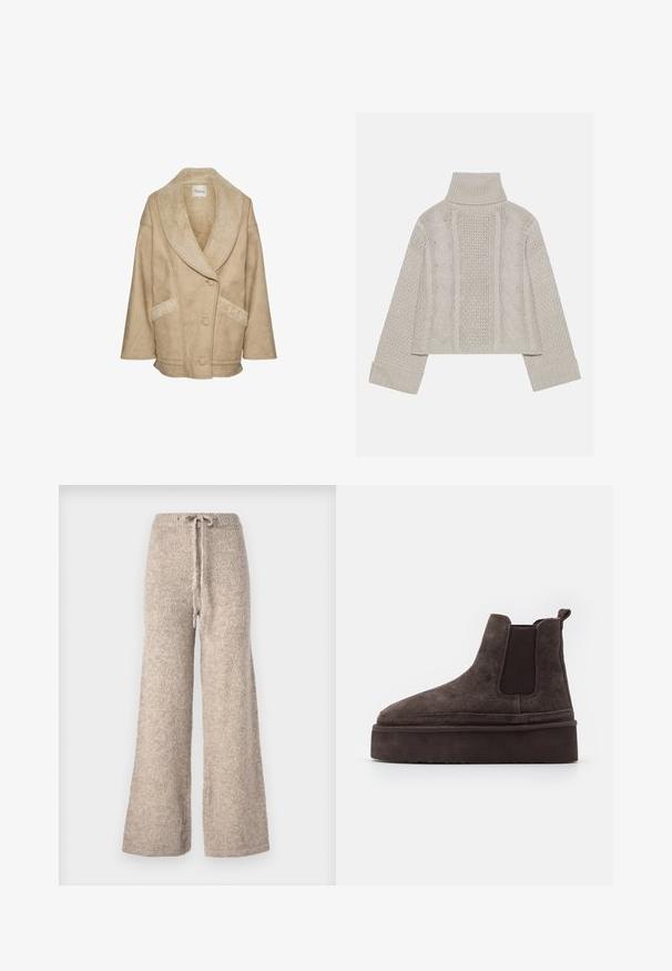 Bēšas krāsas aitas vilnas jaka ar plašu apkakli, pogu aizdari un sānu kabatām. Iezīmējas ar strukturētu audumu un kontrastējošiem aitas vilnas akcentiem.; Izgriezts, gaiši pelēks adīts džemperis ar augstu apkakli un ribotiem piedurknēm, ar fakturētām virknēm gar muguru un sāniem.; Beige brīvā stila bikses, kas izgatavotas no teksturētas adītas auduma, ar vilkšanas jostu un brīvu piegriezumu.; Brūni zamša Chelsea zābaki ar elastīgiem sānu paneļiem un biezas, teksturētas platformas zoli. Iespējams, ir vilkšanas cilpa uz papēža, kas atvieglo uzvilkšanu.
