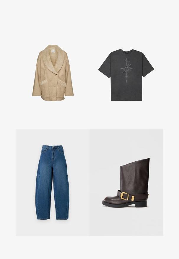 Beež shearling-jakk suurte kraega, nupuga kinnitamine ja küljetaskud. Omab tekstuuriga kangast ja kontrastseid shearling aksessuaare.; Tumehall pehmea t-särk, mis on valmistatud puuvillast, esiküljel on keeruliste joontega trükitud keskmine päikesegraafika.; Keskmise sinise tooniga teksad, millel on kõrge talje, lai jalaliik ja standardne viie taskuga disain koos nähtavate õmbluste detailidega.; Tumedad pruun nahast keskmise säärega saapad musta tallaga, madala kontsaga ja dekoratiivse kuldse nööri ümber pahkluu, esitatud külgvaates.