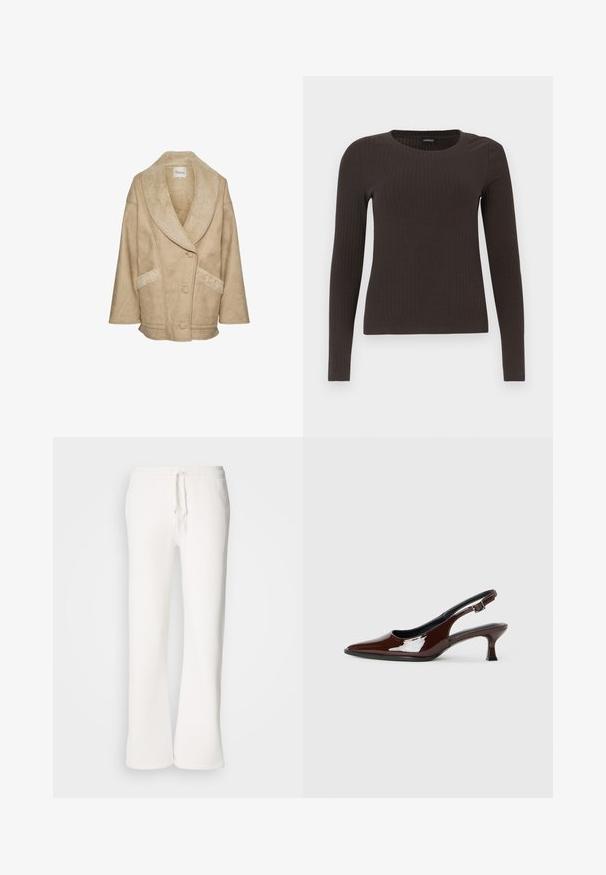 Bež jakna od ovčjeg krzna s širokim ovratnikom, kopčanjem na dugmad i bočnim džepovima. Ima teksturiranu tkaninu i kontrastne akcentne detalje od ovčjeg krzna.; Smeđa, dugokraga, rebrasta majica s dugim rukavima. Izrađena od glatkog, rastezljivog materijala, s prikladnim krojem bez mnogo detalja.; Bijele, opuštene hlače od flisa izrađene od mekog materijala, s elastičnim pojasom i vezicom te ravnim nogavicama.; Smeđe patentne kožne cipele s otvorenom petom, špicastim vrhom i umjerenom petom. Imaju remen s kopčom za sigurno pristajanje. Glatka tekstura.