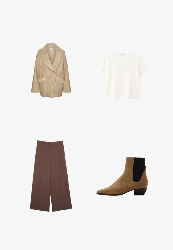 Giacca di shearling beige con un ampio colletto, chiusura a bottoni e tasche laterali. Presenta un tessuto testurizzato e accenti in shearling a contrasto.; Top bianco a maniche corte in maglina con scollatura rotonda. Tessuto morbido e vestibilità comoda, con un design semplice senza ulteriori motivi.; Pantaloni ampi marroni con una texture liscia, caratterizzati da una vita alta e pieghe frontali. Il tessuto è leggero e scorre liberamente.; Stivale alla caviglia in suede marrone con punta a punta, pannello laterale elastico nero e tacco basso a blocco. Texture liscia, design elegante.