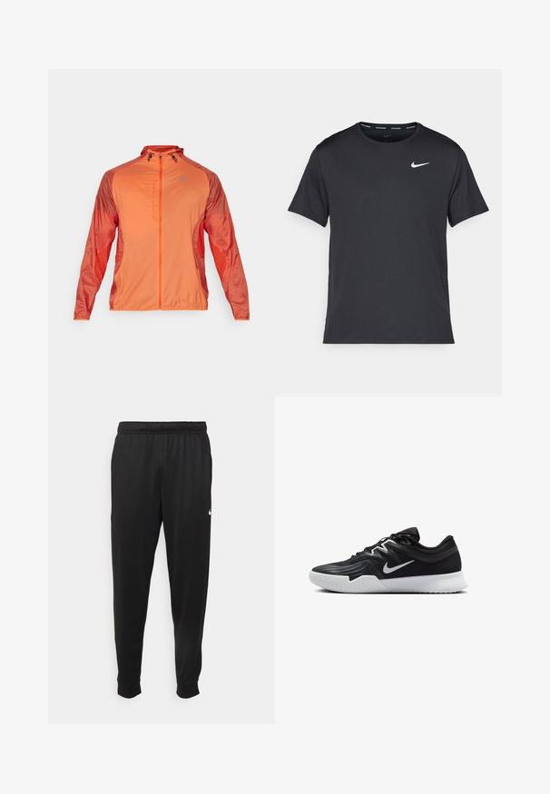 Veste légère zippée de couleur orange vif avec des manches texturées contrastantes. Capuche réglable et logo sur la poitrine ajoutent des détails fonctionnels.; T-shirt de course noir Nike en matériau léger et respirant, avec des manches courtes et un petit logo blanc sur la poitrine.; Pantalon de sport noir en tissu lisse, avec une taille élastique, des jambes fuselées et un petit logo blanc sur le côté gauche.; Chaussure de sport noire avec une tige texturée, un swoosh blanc de Nike et une semelle extérieure en caoutchouc blanc. Elle présente un design à lacets et une forme dynamique.