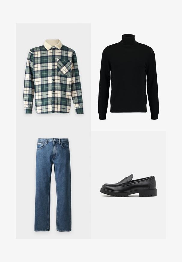 Chemise à carreaux vert foncé et crème avec un col en polaire doux. Dispose d'une fermeture à boutons et d'une poche poitrine avec un motif diagonal.; Un pull à col roulé noir en matière tricotée douce. Il possède des manches longues, un col et un ourlet côtelés. Son design est simple et épuré, sans motifs.; Jean en denim bleu à jambe droite avec une taille haute, fermeture par bouton et zip, poches avant et une petite étiquette de marque blanche sur la poche droite.; Mocassins en cuir noir avec un bout arrondi, un design à enfiler et une semelle en caoutchouc épaisse avec une texture antidérapante. Talon surélevé et détails de surpiqûre subtils.