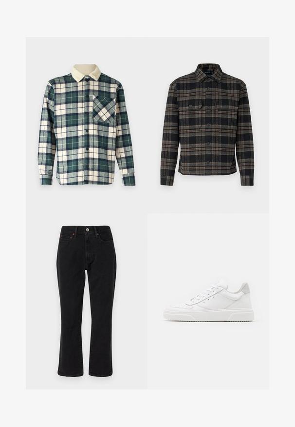 Karirana srajca v temno zeleni in krema barvi z mehkim flis ovratnikom. Ima gumbasto zapiranje in žep na prsih z diagonalnim vzorcem.; Črna in siva karirasta jakna s ovratnikom, sprednjimi gumbi in dvema žepoma na prsih. Narejena je iz teksturirane tkanine.; Črne kavbojke iz džinsa z ravnim krojem, petimi žepi in kovinskimi dodatki s bakrenimi akcenti. Gladka tekstura in srednji pas.; Bele usnjene športne copate z gladkim zaključkom, okroglo konico, ravnimi vezalkami in teksturiranim podplatom. Sivi semiš detajl na peti.