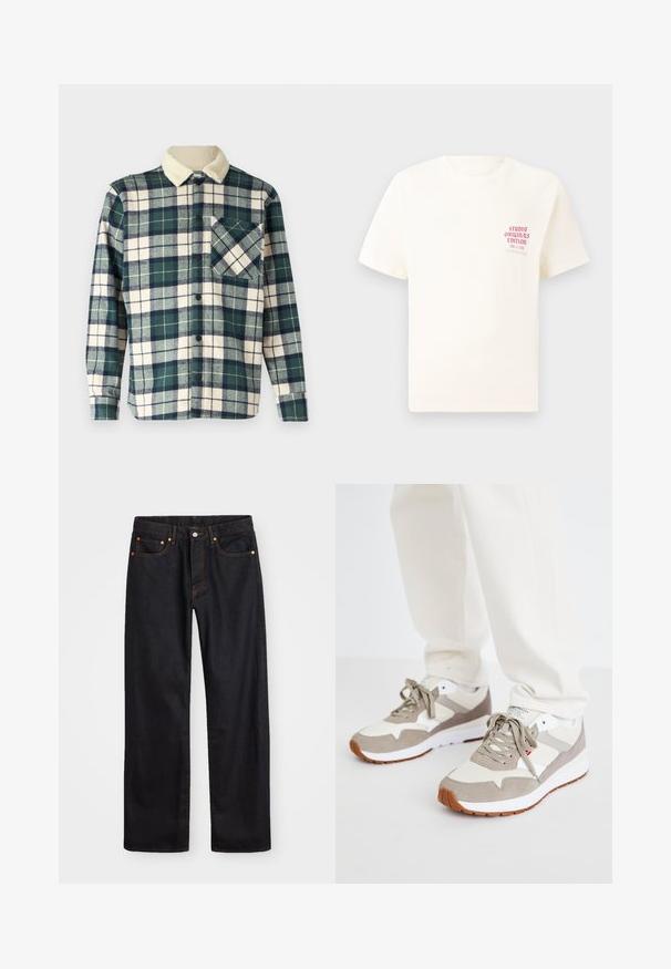 Geruite shirt in donker groen en crème met een zachte, fleece kraag. Voorzien van een knoopsluiting en een borstzak met een diagonaal patroon.; Witte T-shirt met korte mouwen met rode tekst "Studio Originals Edition" op de linker borst, weergegeven op een neutrale grijze achtergrond.; Heren straight-leg zwarte denim jeans met vijf zakken en oranje stiksels, knoop- en ritssluiting op de voorkant van de tailleband.; Beige en grijze sneakers met een mix van suède en mesh materialen. Voorzien van een witte tussenzool en een gumrubberen buitenzool. Standaard vetersluitingen.