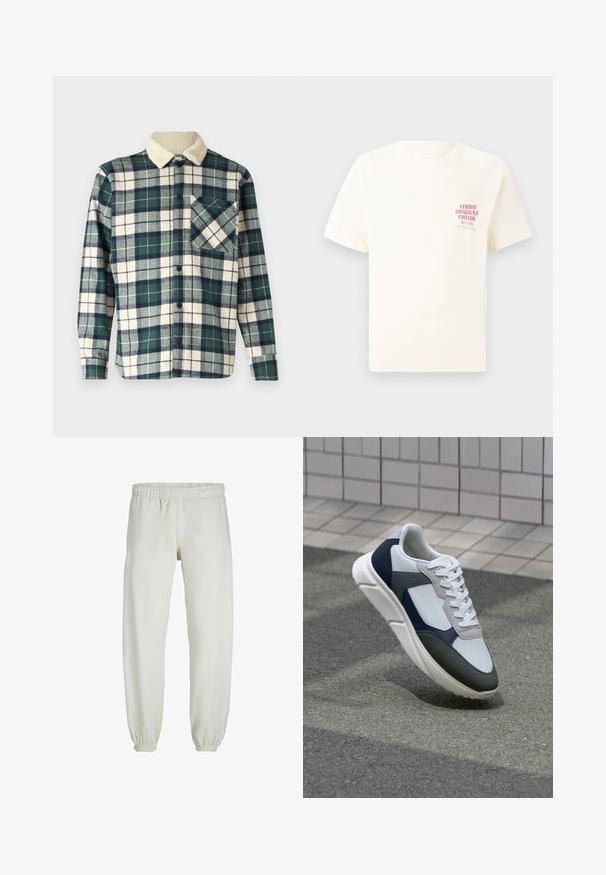 Rutig skjorta i mörkgrönt och krämvitt med en mjuk, fleecekrage. Har en knappstängning och en bröstficka med ett diagonalt mönster.; Vit kortärmad T-shirt med röd text "Studio Originals Edition" på vänster bröst, är uppställd på en neutral grå bakgrund.; Vita sweatpants gjorda av mjukt tyg, med elastisk midja och muddar, samt en slät textur och lös passform.; Vit, marinblå och grå sneaker med en blandad materialdesign, som har ett texturerat ovandel, platta snören och en vadderad sula.