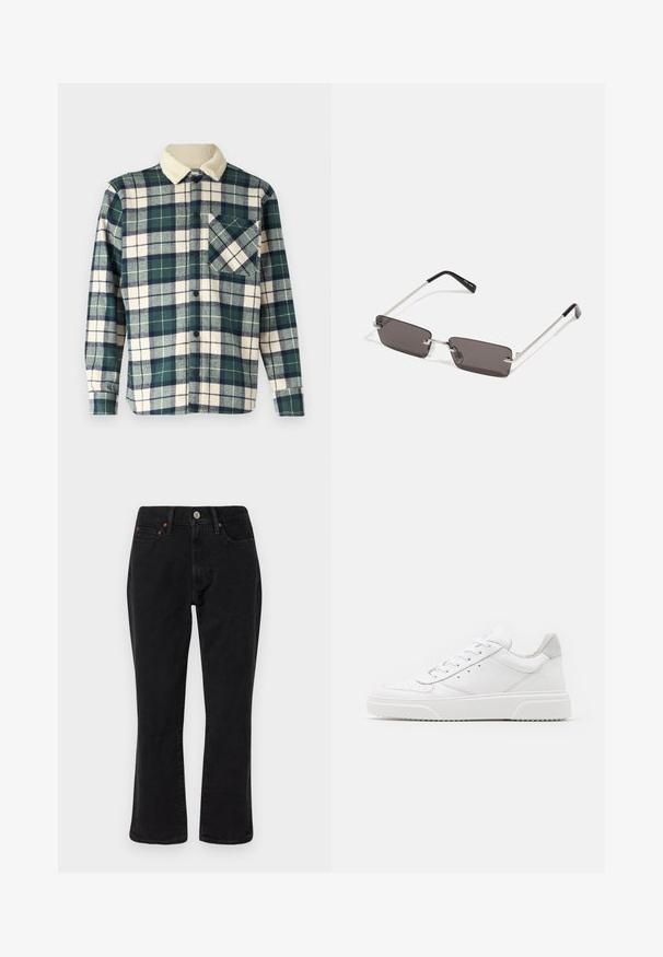 Camicia a scacchi in verde scuro e crema con un morbido colletto in fleece. Presenta una chiusura con bottoni e una tasca sul petto con un motivo diagonale.; T-shirt bianco in cotone con maniche corte, collo rotondo e una grafica rossa con il testo "FRUTTA DELIZIOSA E RINFRESCANTE" sul davanti.; Jeans in denim nero con una vestibilità a gamba dritta, stile a cinque tasche e accessori in metallo con dettagli in rame. Texture liscia e vita media.; Sneaker bianche in pelle con finitura liscia, punta arrotondata, lacci piatti e suola texturizzata. Accento in suede grigio sul tallone.; Occhiali da sole con lenti rettangolari di colore grigio scuro, montatura in metallo argentato e punte nere in plastica sulle asticelle. Design leggero con cuscinetti per il naso.