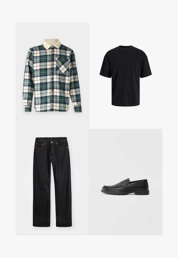 Kariertes Hemd in Dunkelgrün und Creme mit einem weichen Fleece-Kragen. Verfügt über einen Knopfverschluss und eine Brusttasche mit diagonalem Muster.; Schwarzes Baumwoll-T-Shirt mit Rundhalsausschnitt, kurzen Ärmeln und lässiger Passform. Glatte Oberflächenstruktur und keine sichtbaren Muster oder Akzente.; Herren gerade geschnittene schwarze Jeans aus Denim mit fünf Taschen und orangefarbenen Nähten, Knopf- und Reißverschluss vorne am Bund.; Schwarze Lederloafers mit glatter Oberfläche, Mokassin-oberteil, genähten Details und Gummisohle. Klassisches Design mit niedrigem Absatz.