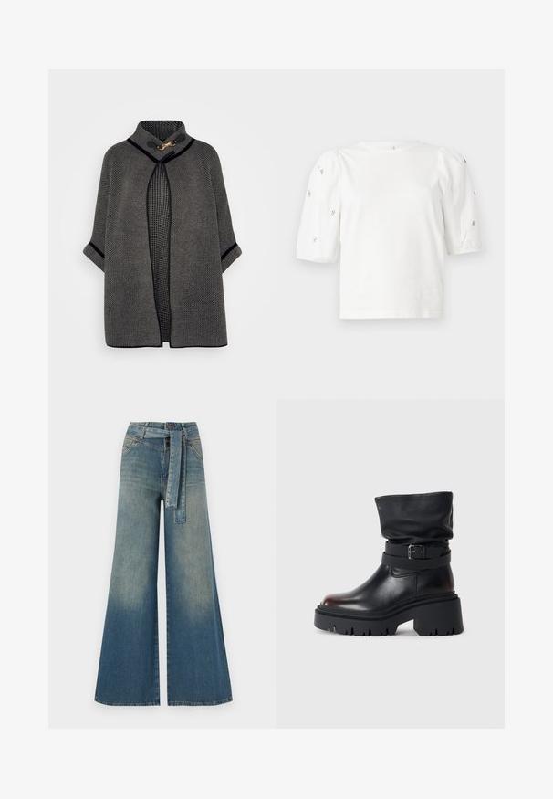 VILA VICEMRE - Cape - dark natural; Hvit bomull T-skjorte med korte pufferm, med små sølvdekorasjoner langs ermene. Klassisk rund hals, avslappet passform.; Bredde ben jeans med en lyseblå til mørkeblå gradient, høyt liv, beltehemper og et matchende belte i samme stoff. Teksturert denimoverflate.; Svart lær ankelstøvel med en slapp overdel, spenne detaljer og tykk, robust såle. Har en rund tå og glatt tekstur.