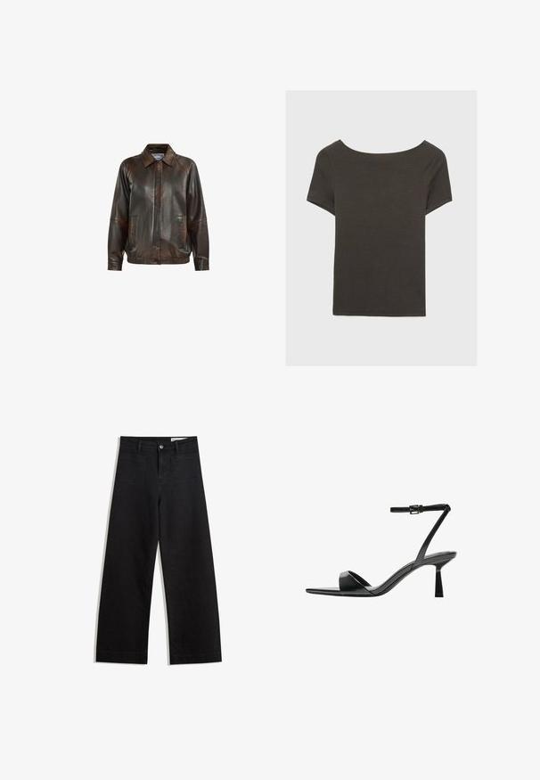 Braune Lederjacke mit Kragen, vorderem Reißverschluss, zwei Seitentaschen und ribbeltem Saum, mit einer glatten Textur.; Dunkelgraues Kurzarmoberteil mit Bootsausschnitt. Hergestellt aus geripptem Stoff, mit lockerer Passform und sauberem Saum. Einfaches Design, ohne Muster.; Schwarze weit geschnittene Jeans mit hoher Taille, ausgestattet mit Vorder- und Hintertaschen, gesteppten Nähten und einem Knopfverschluss. Glatte Textur.; Bershka High Heel Sandalette - black