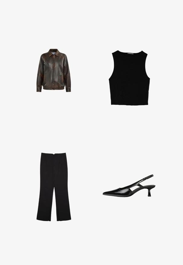 Brązowa skórzana kurtka z kołnierzem, z przodu na zamek błyskawiczny, z dwoma bocznymi kieszeniami oraz prążkowanym pasem, o gładkiej fakturze.; Czarny bezrękawnik crop top z gładkiego materiału, z okrągłym dekoltem i czystym, prostym wzornictwem, bez wzorów czy metalowych elementów.; Czarne spodnie o prostym kroju, z przednimi kieszeniami i bocznymi rozcięciami na dole. Wykonane z miękkiego, gładkiego materiału. Odpowiednie na różne okazje.; Czarne lakierowane czółenka na odkrytej pięcie z wąskim noskiem, z wykrojem po bokach i małym kwadratowym obcasem. Gładka faktura z minimalnymi akcentami.