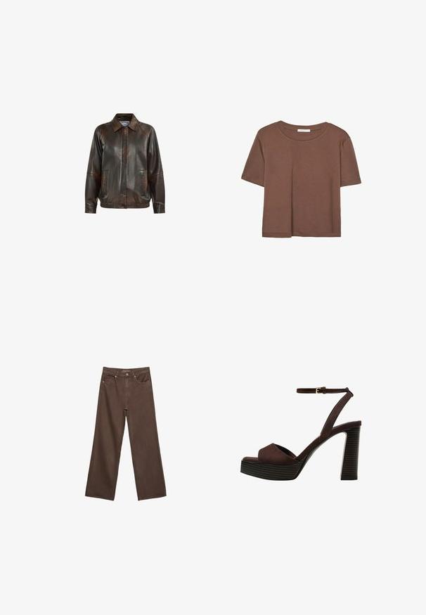 Giubbotto in pelle marrone con colletto, chiusura frontale a zip, due tasche laterali e vita a costine, dal tessuto liscio.; Maglietta a maniche corte marrone realizzata in tessuto morbido, con scollatura rotonda e vestibilità rilassata. Nessun motivo o dettaglio visibile.; Jeans a gamba larga marroni in denim, con vita alta, tasche anteriori e chiusura a bottone classica. Tessuto liscio con cuciture sottili.; Sandal in camoscio marrone con tacco alto, punta aperta, cinturino alla caviglia regolabile e suola a piattaforma striata.