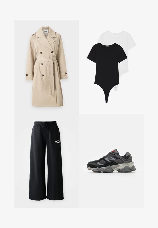 Trench coat bege com fecho de botão duplo, cintura com cinto, epaulettes nos ombros e bolsos laterais, feito de um tecido suave.; Bodysuits sem mangas em preto e branco com decote redondo e fundo em fio dental, feitos de um tecido liso e elástico.; Calças de fato largas pretas com cintura elástica e cordão. Apresentam texto bordado do lado esquerdo, feitas de um material suave em mistura de algodão.; Sapatilha preta e cinza com uma mistura de materiais em camurça e malha, sola grossa, logótipo proeminente e detalhe vermelho na língua.