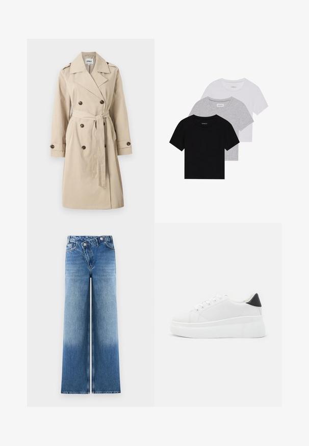Beige trenchcoat med dobbeltknaplukning, bælte i taljen, skulderepaulettes og sidelommer, lavet af et glat stof.; Sæt af tre kortærmede t-shirts i sort, grå og hvid. Fremstillet af bomuld, har en rund hals og et enkelt, ensfarvet design.; Lysblå vidde jeans med en falmet vask, der har et klassisk fem-lomme design og metalknap detaljer i taljen.; Hvide platform sneakers lavet af glat syntetisk materiale, med en afrundet tå, snørebåndsdesign og en struktureret gummisål. Sorte hæl akcent.