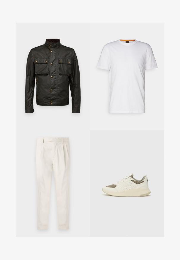 Tamsiai žalia vaškine medvilnės striukė su aukštu apykakle, auksinėmis detalėmis, dviem krūtinės kišenėmis ir užtrauktuku šoninėje kišenėje. Lygus paviršius, tvirtas dizainas.; Balta medvilnė marškinėliai su apvalia iškirpte, trumpomis rankovėmis ir subtiliu iškilniu logotipu ant krūtinės. Viduje esantis etiketas turi oranžinį akcentą.; Balti, susiūtos kelnes, turinčios pritaikytą siluetą, pasižyminčias lygia tekstūra, dirželio kilpomis ir siaurėjančiomis kojomis. Nėra matomų kišenių ar raštų.; Baltas ir šviesiai bežinis sportinis kedas, su tinklo viršumi, perforuotais detalėmis ir tekstūruotu tarpine su logotipu ant kulno.