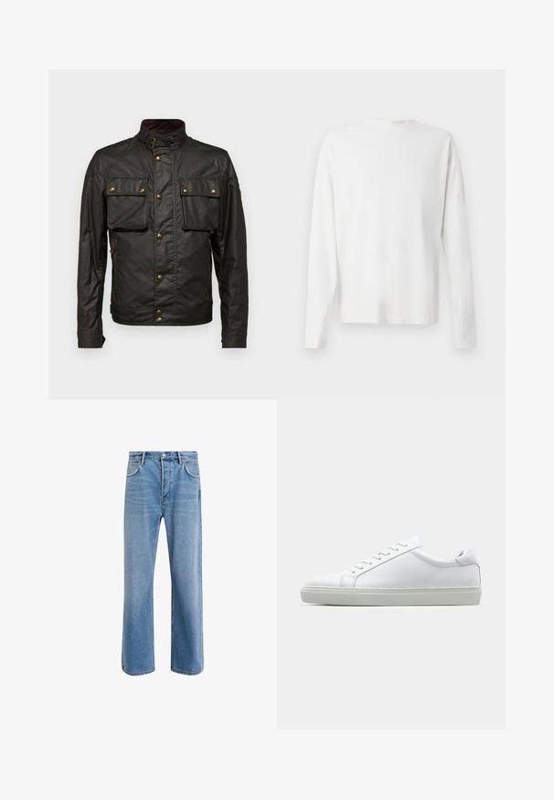 Casaco de algodão encerado verde-escuro com gola alta, acessórios dourados, dois bolsos no peito e um bolso lateral com zip. Textura suave, design robusto.; Camisa de algodão branca de mangas longas com decote redondo, fendas laterais na parte inferior e uma textura suave, mostrada de trás.; Calças de ganga azul claro com um design de perna reta, cinco bolsos, fecho de botão, desgaste mínimo e detalhes de costura em contraste.; Sapatilha branca com um cabedal em couro liso e de perfil baixo. Apresenta um bico redondo, seis ilhoses e uma sola de borracha texturizada.